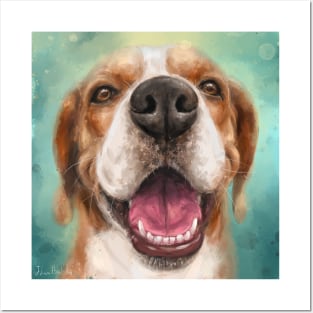 Painting of an Adorable Smiling Beagle on Green Background Posters and Art